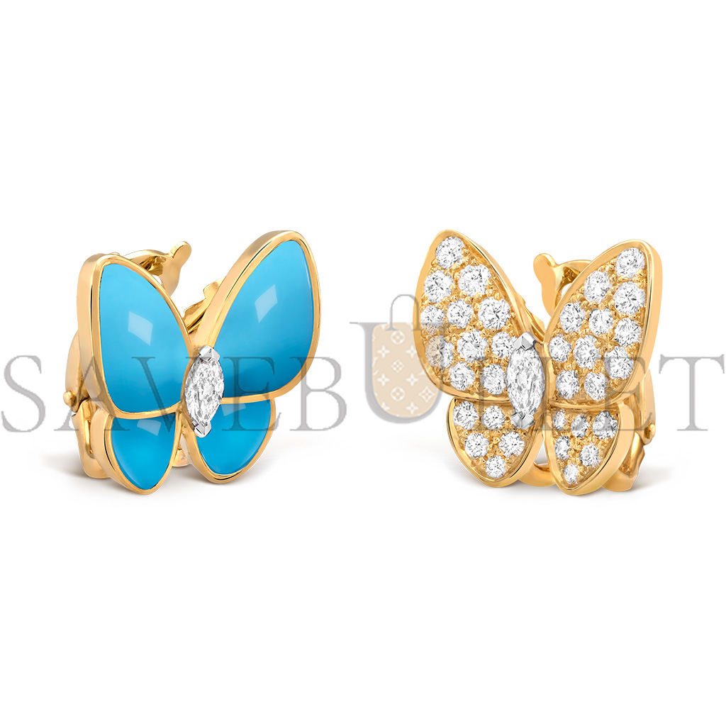 VAN CLEEF ARPELS TWO BUTTERFLY EARRINGS - YELLOW GOLD, DIAMOND, TURQUOISE  VCARP7US00